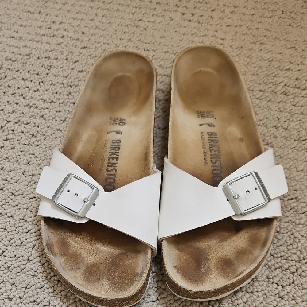 Birkenstock White Single Strap Slide Sandals with Silver Buckles